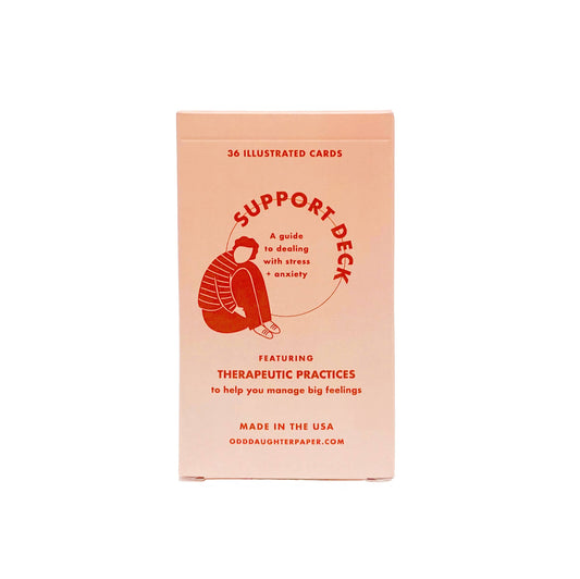 Peach Support Deck - Mental Health Card Deck with seated figure and information on emotional wellness and therapy practices.
