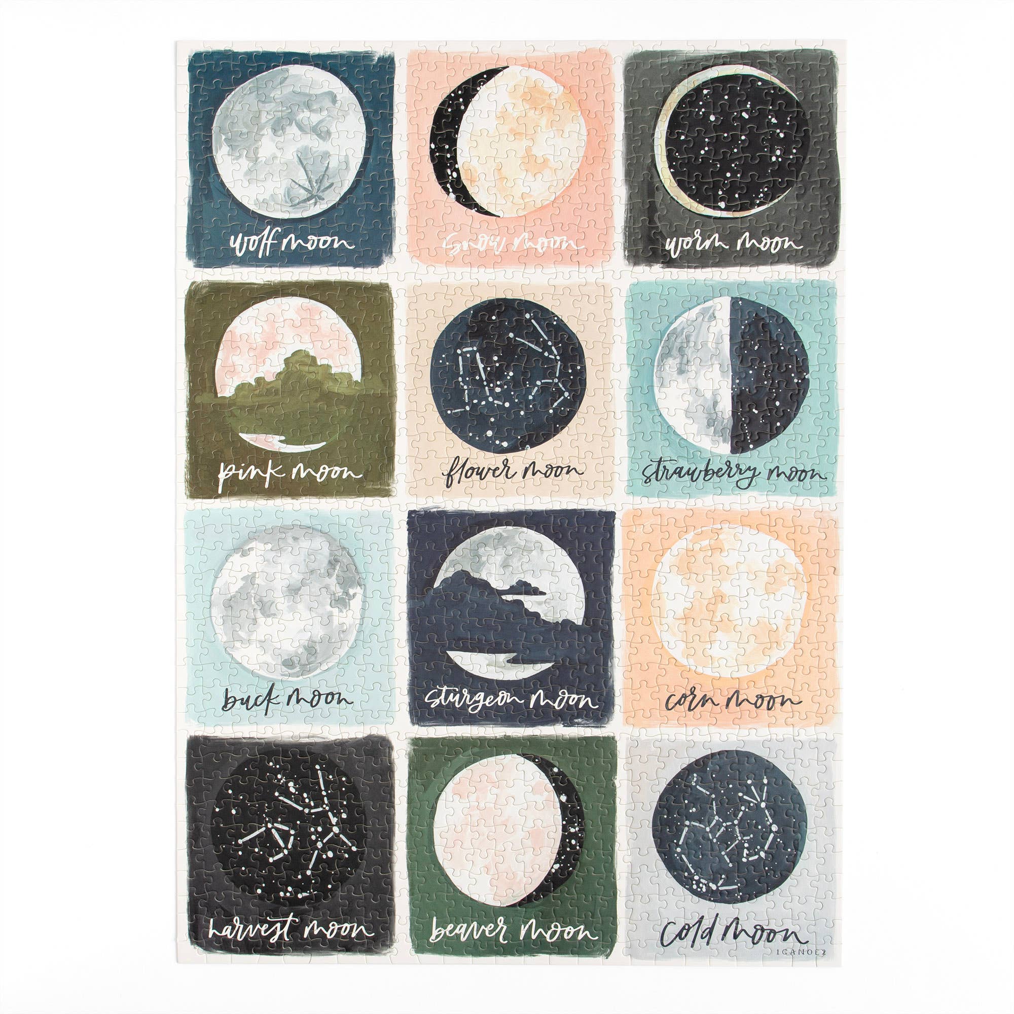 The Painted Moons 1,000 Piece Jigsaw Puzzle showing twelve distinct lunar phases with unique names.