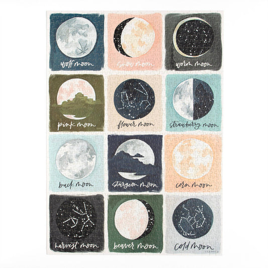 The Painted Moons 1,000 Piece Jigsaw Puzzle showing twelve distinct lunar phases with unique names.