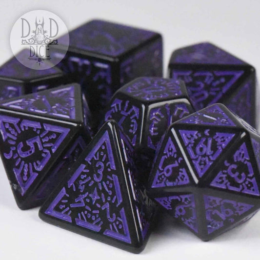 Lunar Eclipse acrylic 7-dice set, black with purple designs, suitable for DnD.