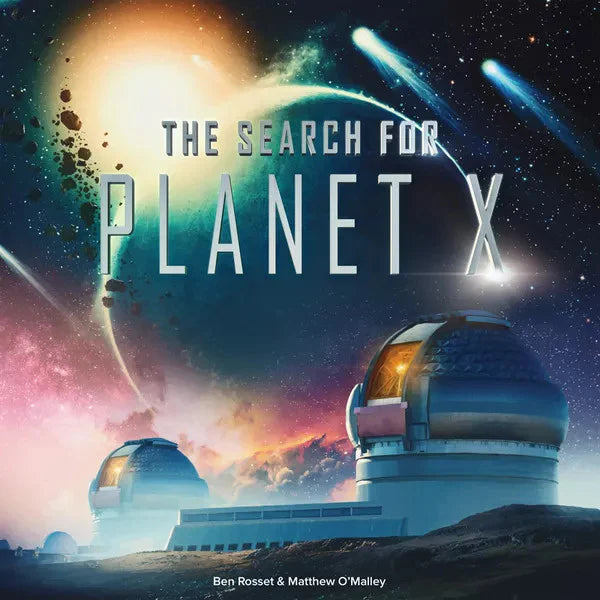 The Search for Planet X board game packaging with title text and futuristic observatories in the background.