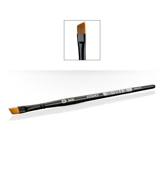 Citadel Large Base Brush with black handle and brown synthetic bristles, full view and close-up of angled tip.