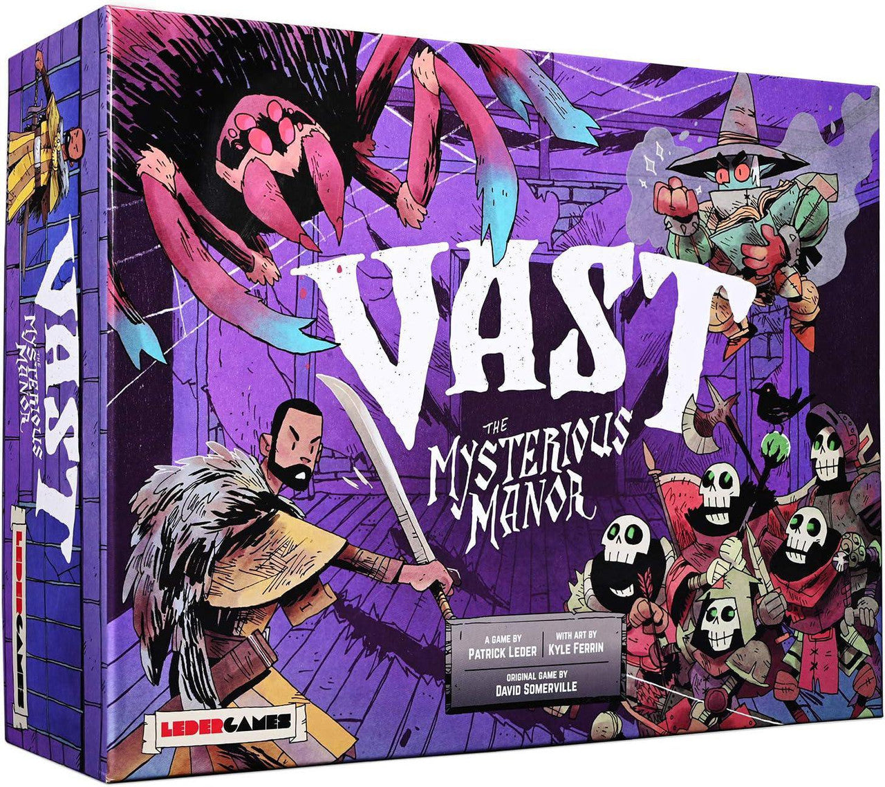 Vast The Mysterious Manor board game box featuring adventurers, skeletons, a spider, and a haunted manor.