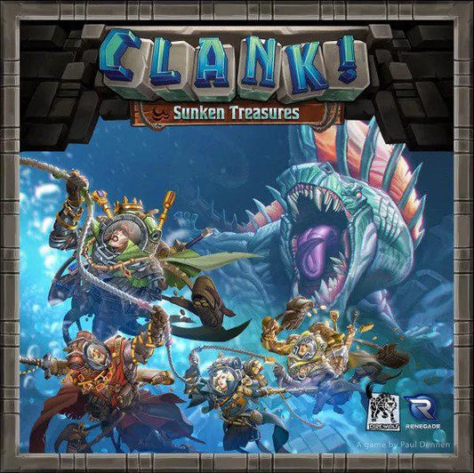 Clank Sunken Treasures Expansion game cover featuring four divers and a sea monster.