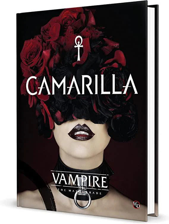 The Vampire The Masquerade: Camarilla Sourcebook cover featuring a womans face obscured by dark flowers over her eyes.