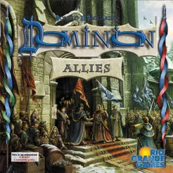 Dominion: Allies board game expansion cover featuring a castle entrance and people holding flags under an Allies banner.