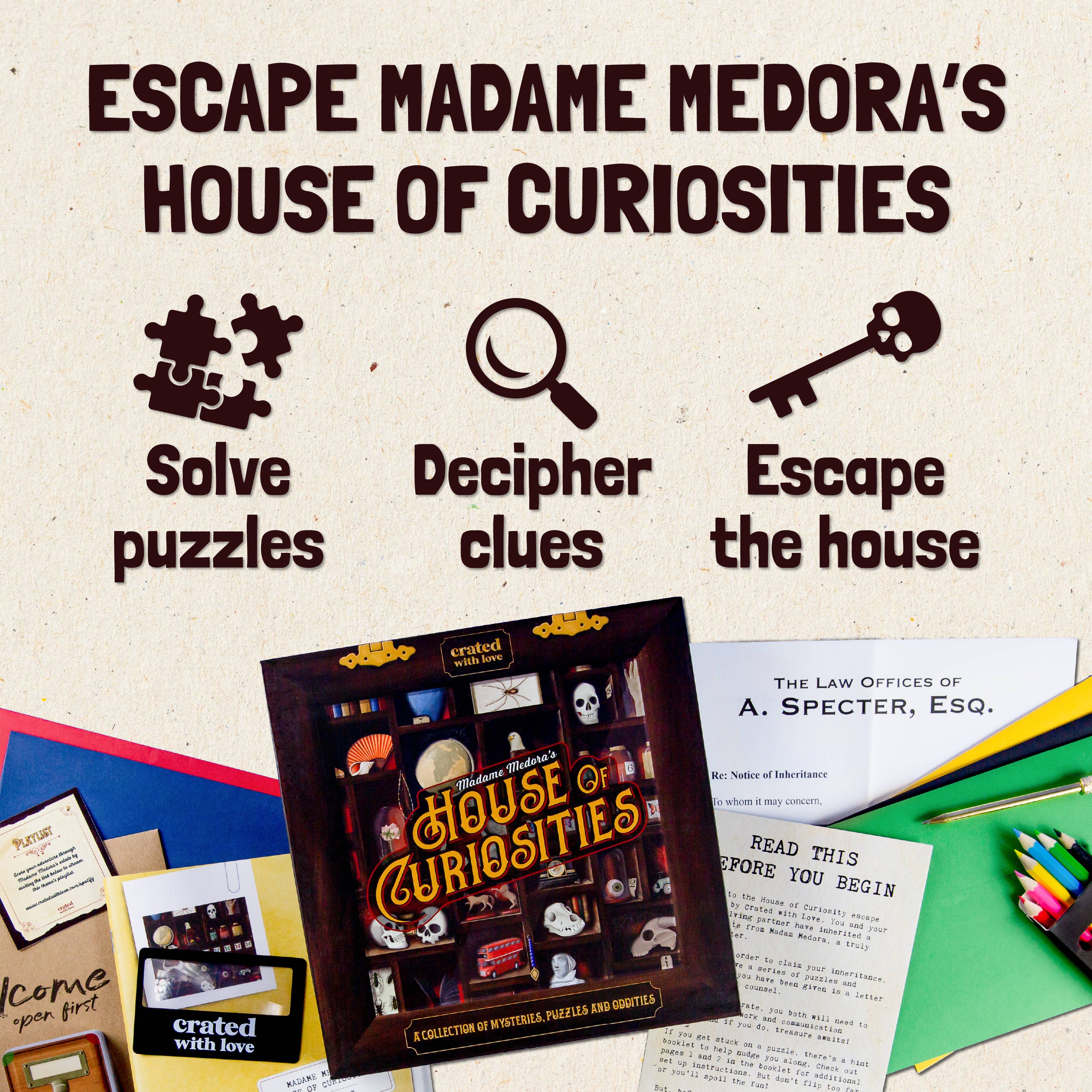 Madame Medoras House of Curiosities family escape-room board game featuring puzzles and clues.