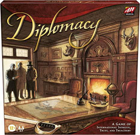 Diplomacy board game box set depicting pre-WWI Europe, with a map table and three figures by the door on the cover.