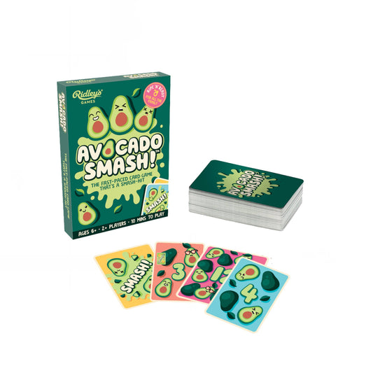 Avocado Smash Box, a family card game featuring avocado illustrations and numbered cards.