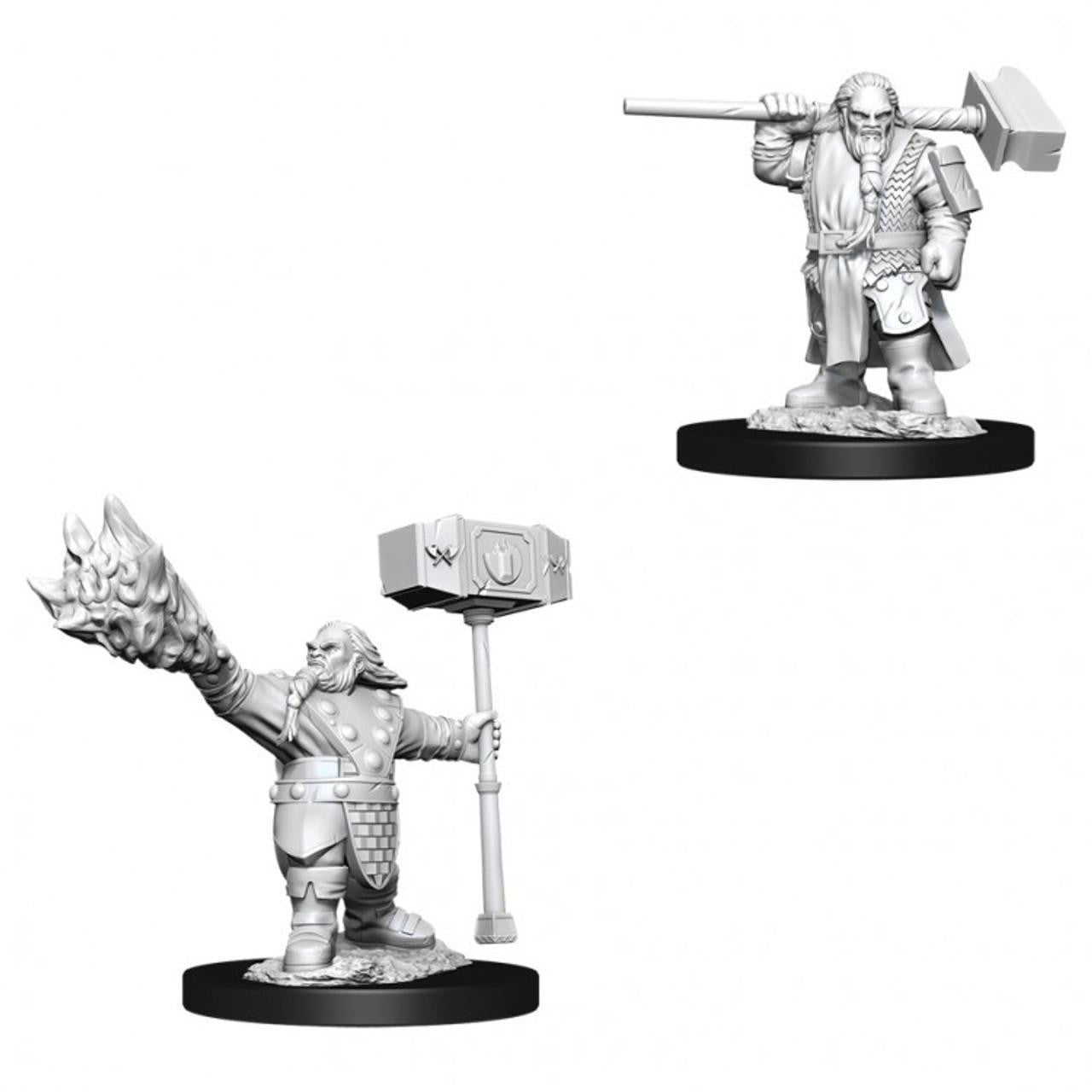 Two unpainted D&D Male Dwarf Cleric W11 miniatures: one with staff and hammer, one casting fire with a large hammer.