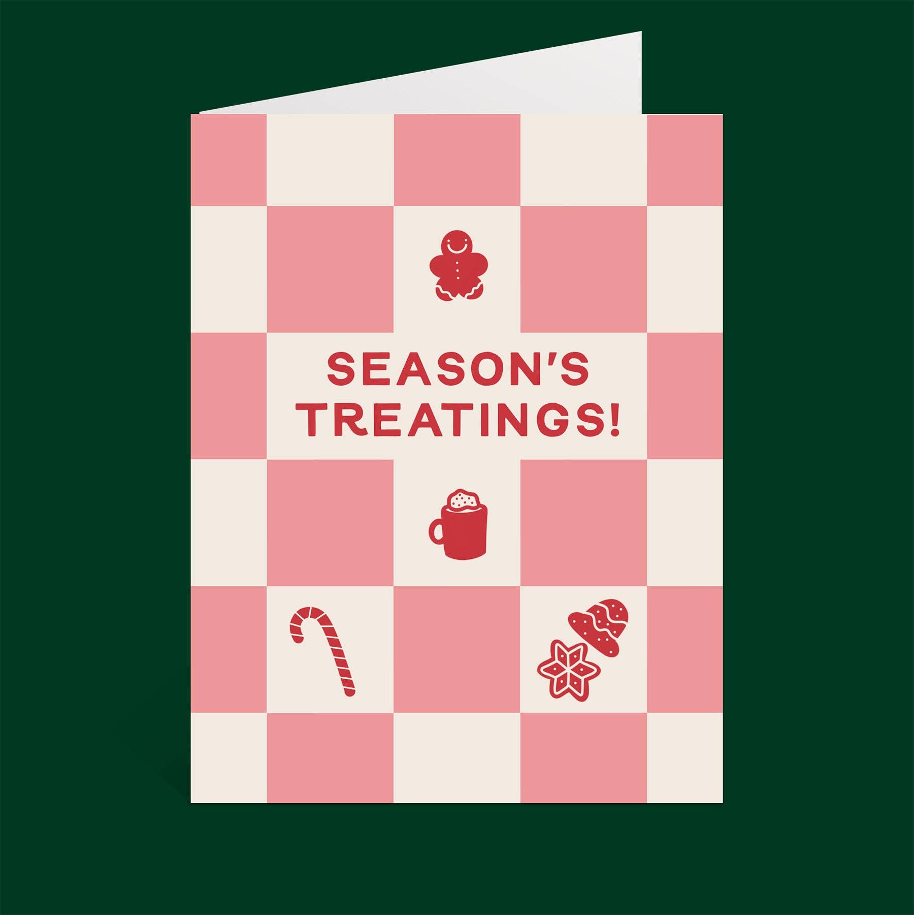 Season’s Treatings Christmas 2026 greeting card with pink and white checkerboard pattern and festive icons.