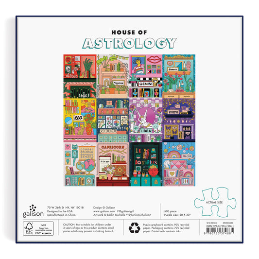 House of Astrology 500 Piece Foil Puzzle with zodiac grid, gold accents, and a loose puzzle piece at bottom right.
