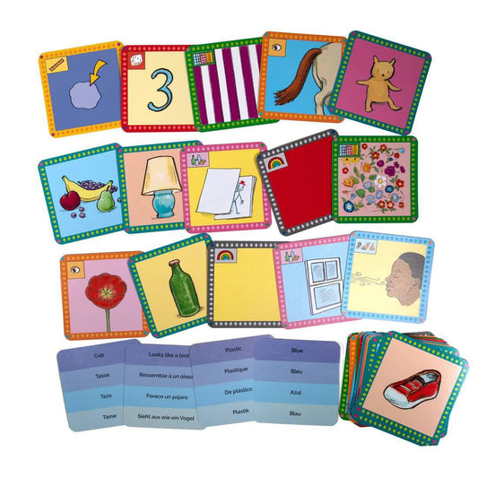 Indoor Scavenger Hunt game with illustrated cards showing objects, animals, numbers, and shapes for children.