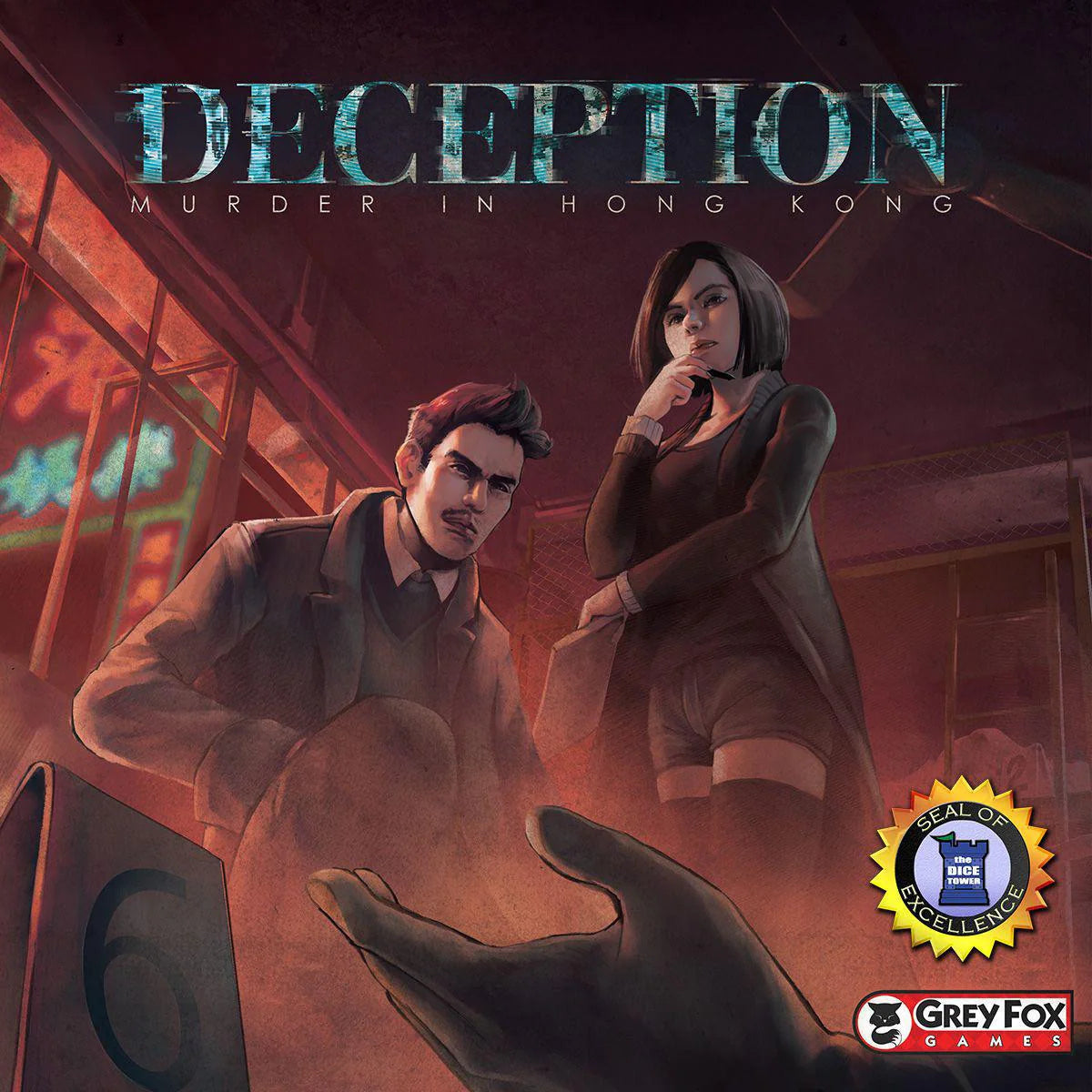 Deception: Murder in Hong Kong board game featuring investigators and clues for solving a murder.