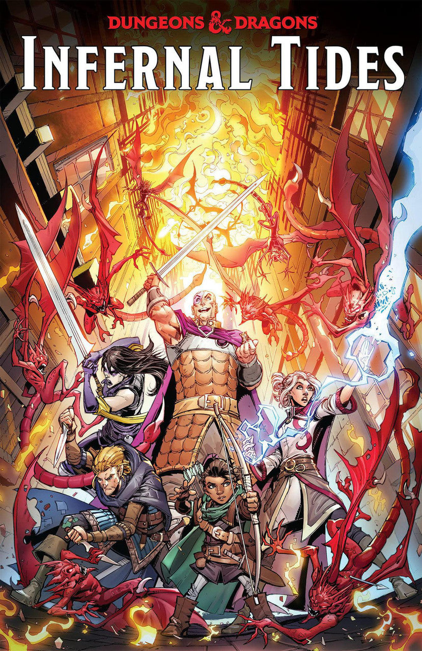 Dungeons & Dragons: Infernal Tides cover showing five heroes fighting red demons and flames.