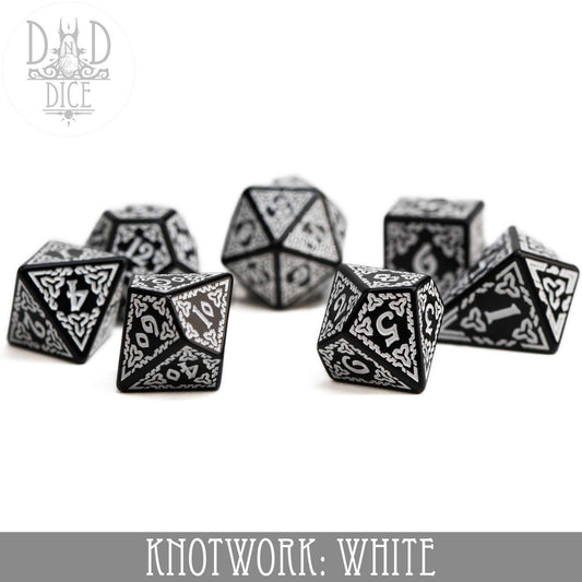 Knotwork: White, set of seven black acrylic dice with white knotwork designs, including a teardrop D4.