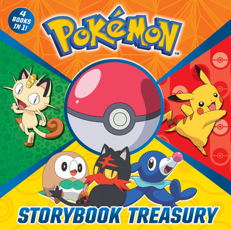 Pokémon Storybook Treasury hardcover featuring Pikachu, Meowth, Rowlet, Litten, Popplio, and a large Poké Ball.