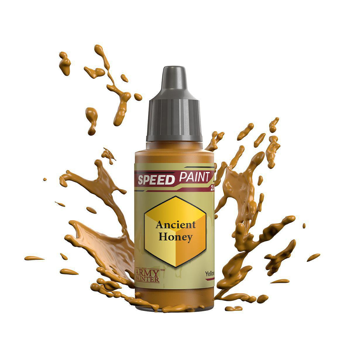 Army Painter Speedpaint bottle, Ancient Honey variant, with visible brown paint splashes.