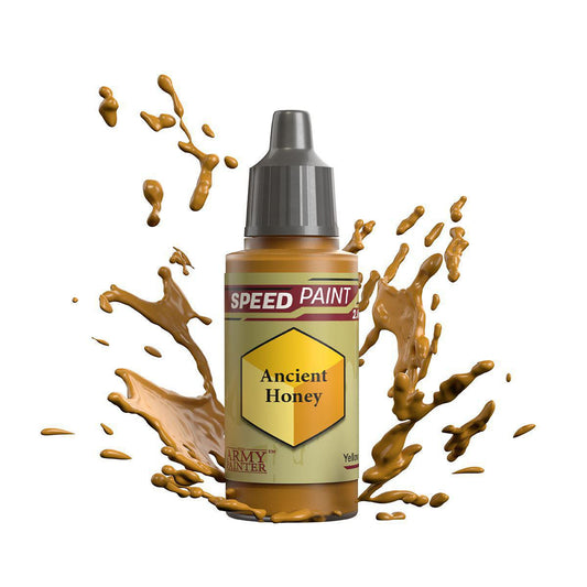 Army Painter Speedpaint bottle, Ancient Honey variant, with visible brown paint splashes.