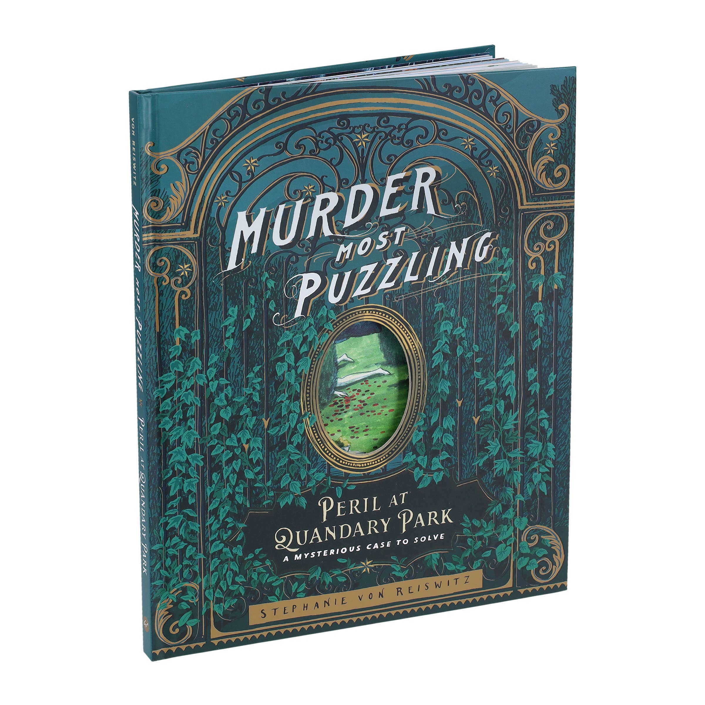 Murder Most Puzzling: Peril at Quandary Park illustrated book with green and gold cover, includes mystery puzzles.