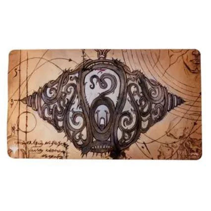Mishra’s Bauble Schematic Art Playmat for Magic: The Gathering with black swirls and faint sketches on a brown background.