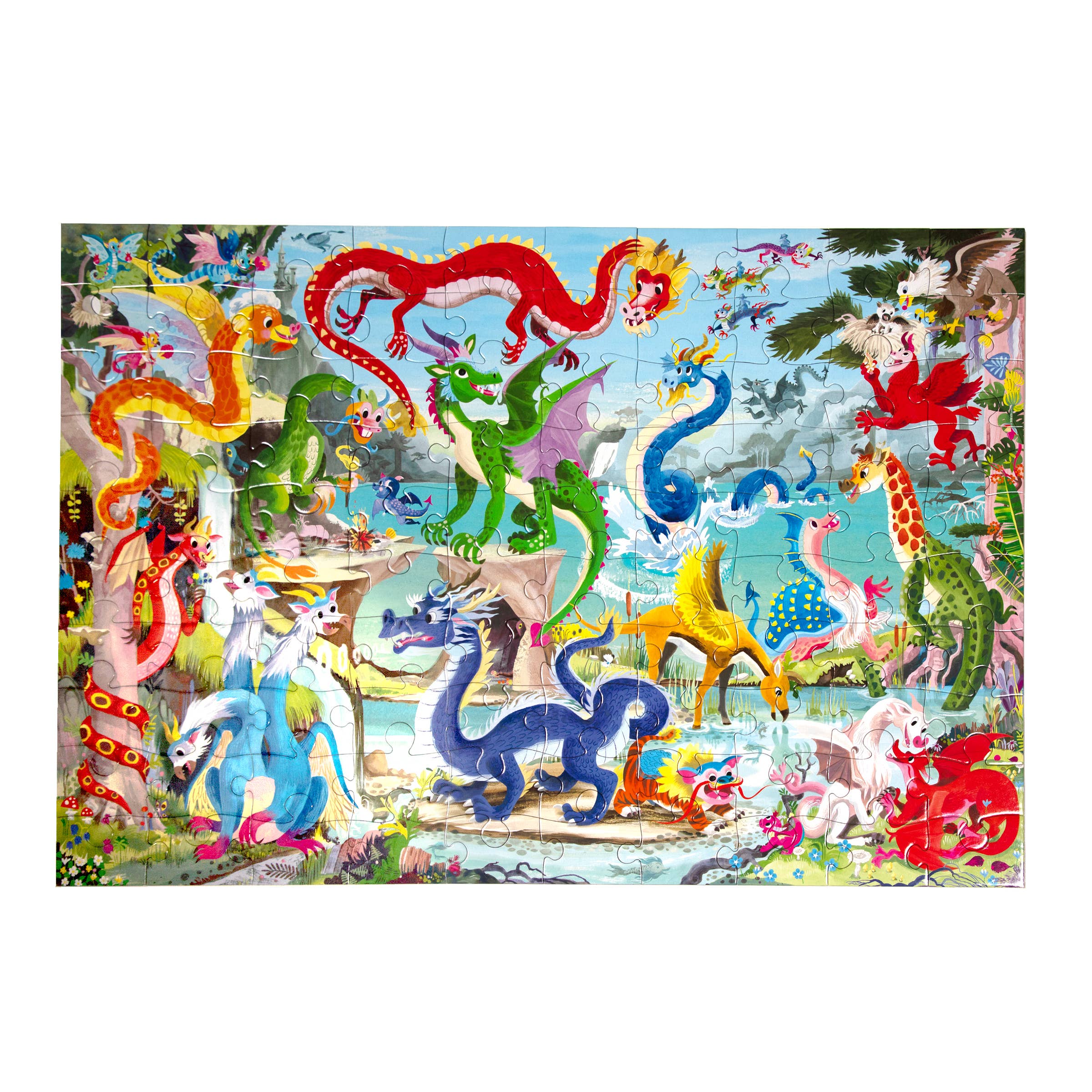 The Love of Dragons 100 Piece Puzzle with cartoon dragons in a fantasy world.