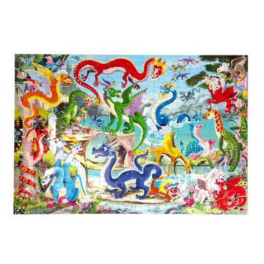 The Love of Dragons 100 Piece Puzzle with cartoon dragons in a fantasy world.