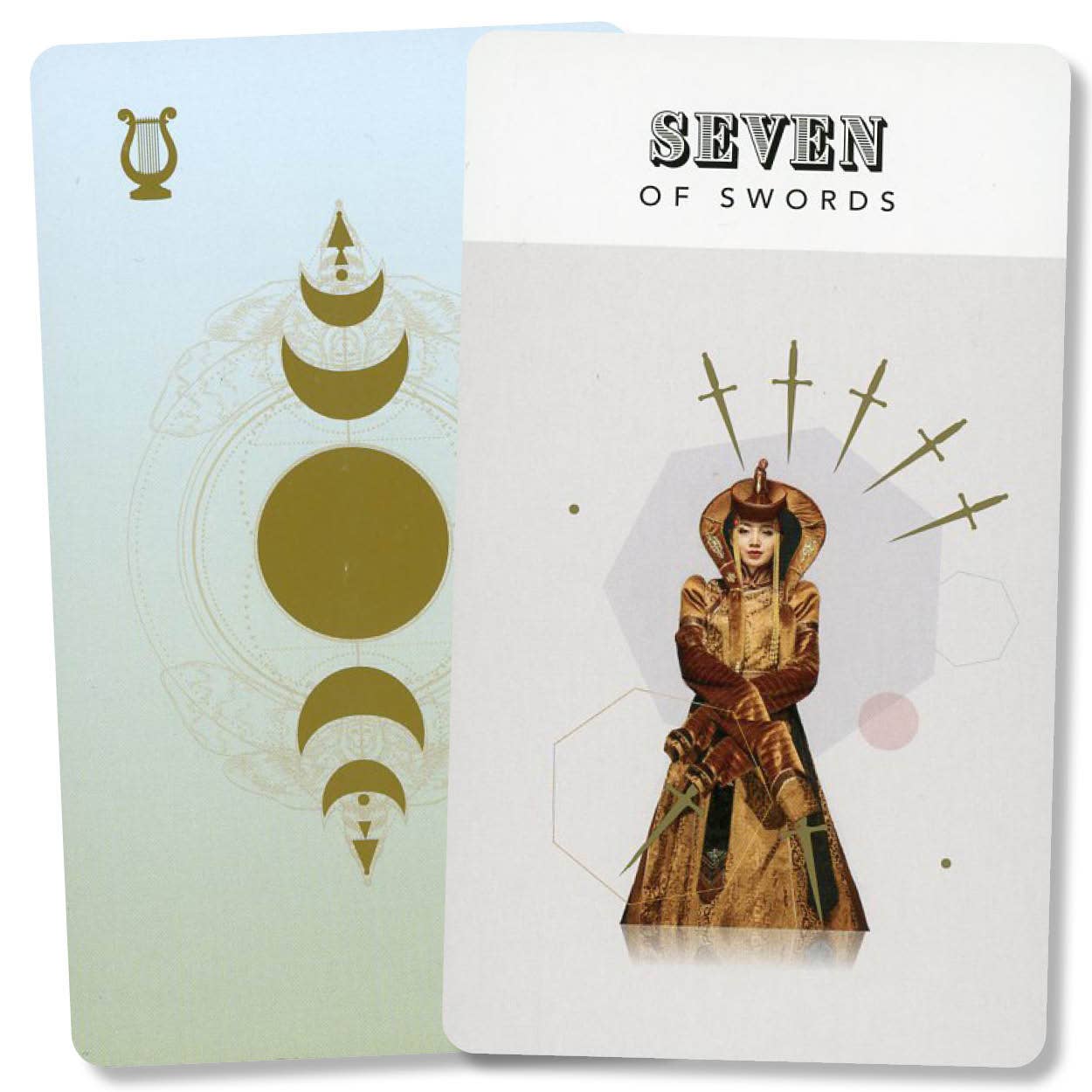 The Gold Lyre Tarot Seven of Swords card featuring a woman in a coat with seven swords above and another card behind.
