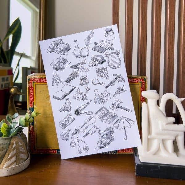Black and white line art stickers of items for inventory games and tabletop role-playing.