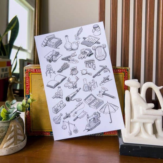 Black and white line art stickers of items for inventory games and tabletop role-playing.