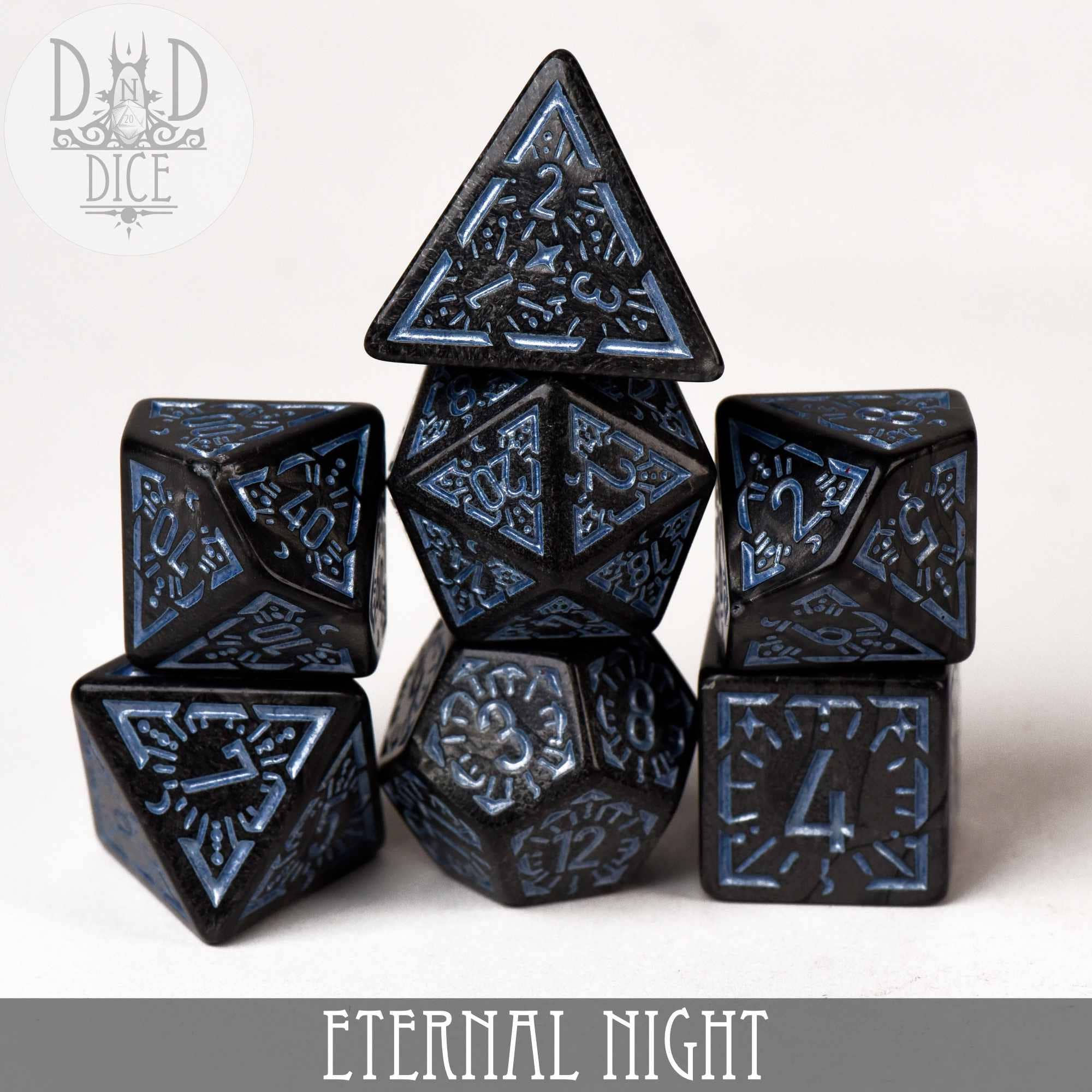 Eternal Night set: six black polyhedral dice with blue numbers and symbols from Bottle 7 Dice Set.