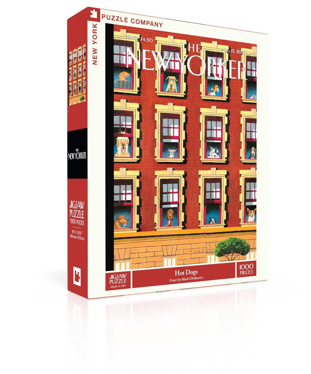 The Hot Dogs 1000 Piece Puzzle by Mark Ulriksen depicting dogs in windows of a red-brick apartment building.