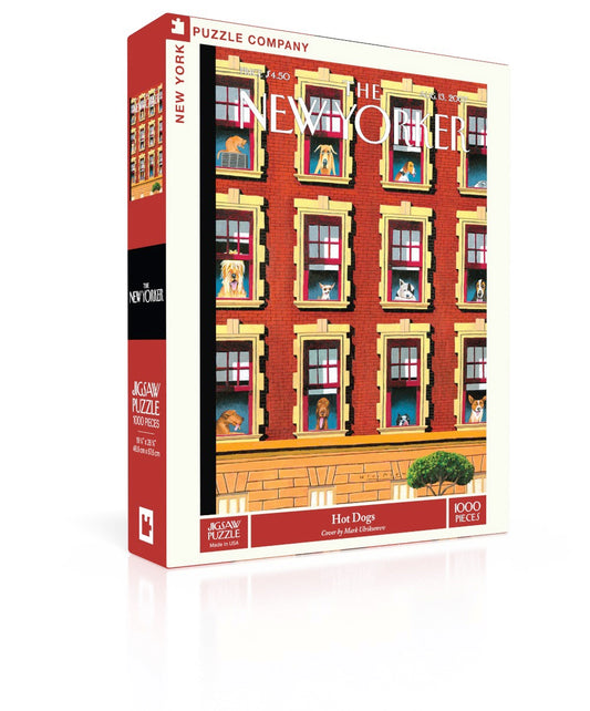 The Hot Dogs 1000 Piece Puzzle by Mark Ulriksen depicting dogs in windows of a red-brick apartment building.
