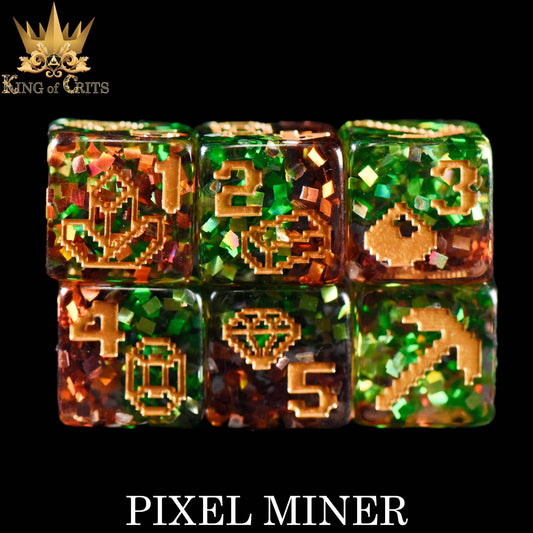 Eleven glittery retro RPG dice with pixel art, Pixel Miner set, King of Crits logo above.