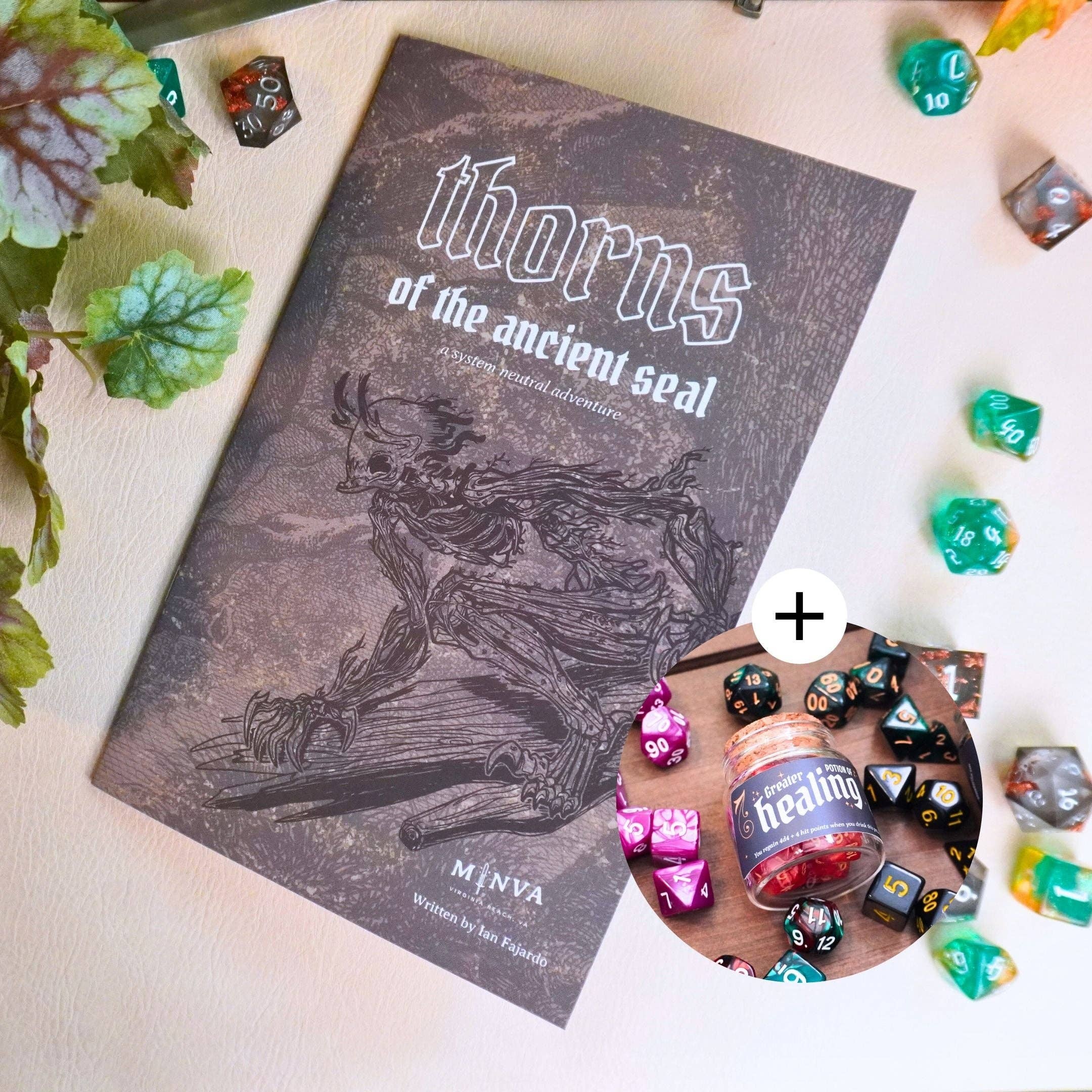 Thorns of an Ancient Seal TTRPG book, dice, healing jar, and plants set.
