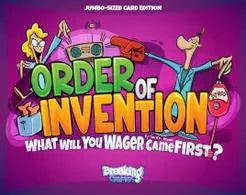 Order of Invention game box showing cartoon people, gadgets, and the question What will you wager came first?.