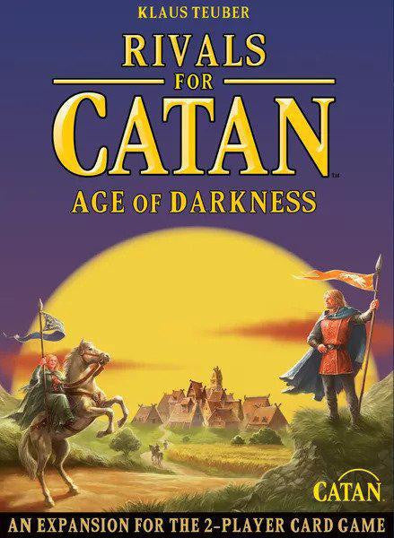 Catan: Age of Darkness Revised box cover, showing two knights and a village at sunset.