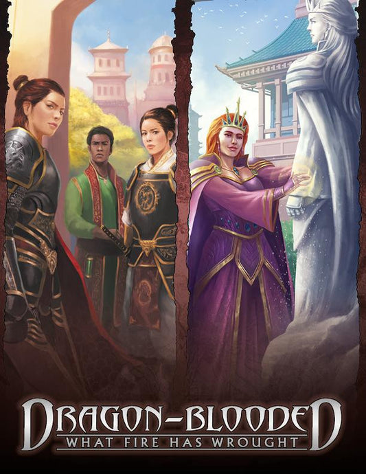 Dragon-Blooded Storytellers Screen with fantasy heroes and a queen touching a statue.