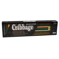 Solid wood cribbage board with metal pegs and playing cards, packaged in a box.