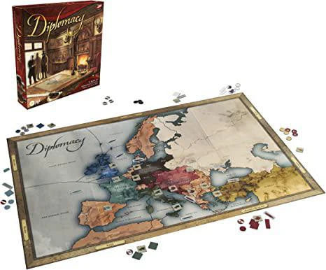 Diplomacy strategy board game with playing pieces on a pre-WWI Europe map.