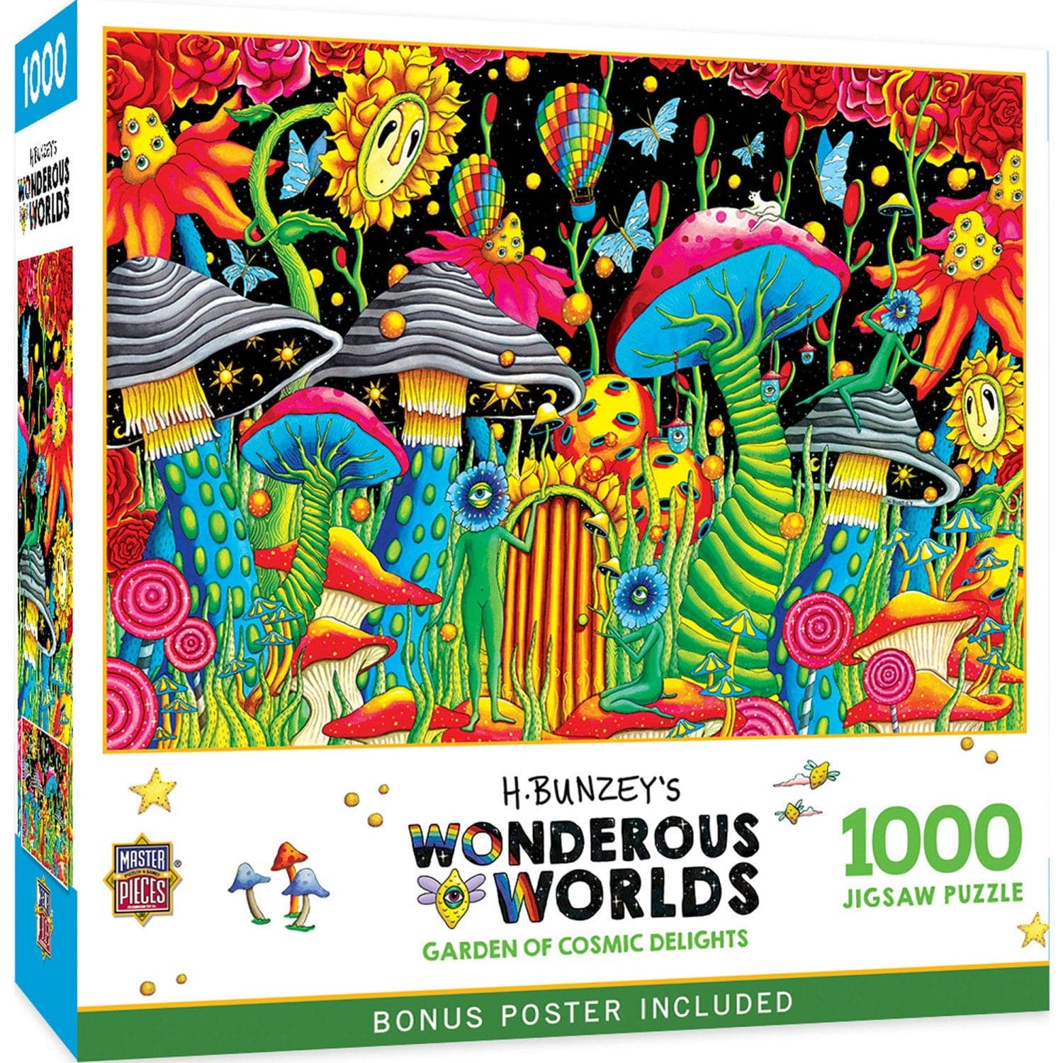 Wonderous Worlds - Garden of Cosmic Delight 1000-piece puzzle featuring plants, mushrooms, and smiling faces.