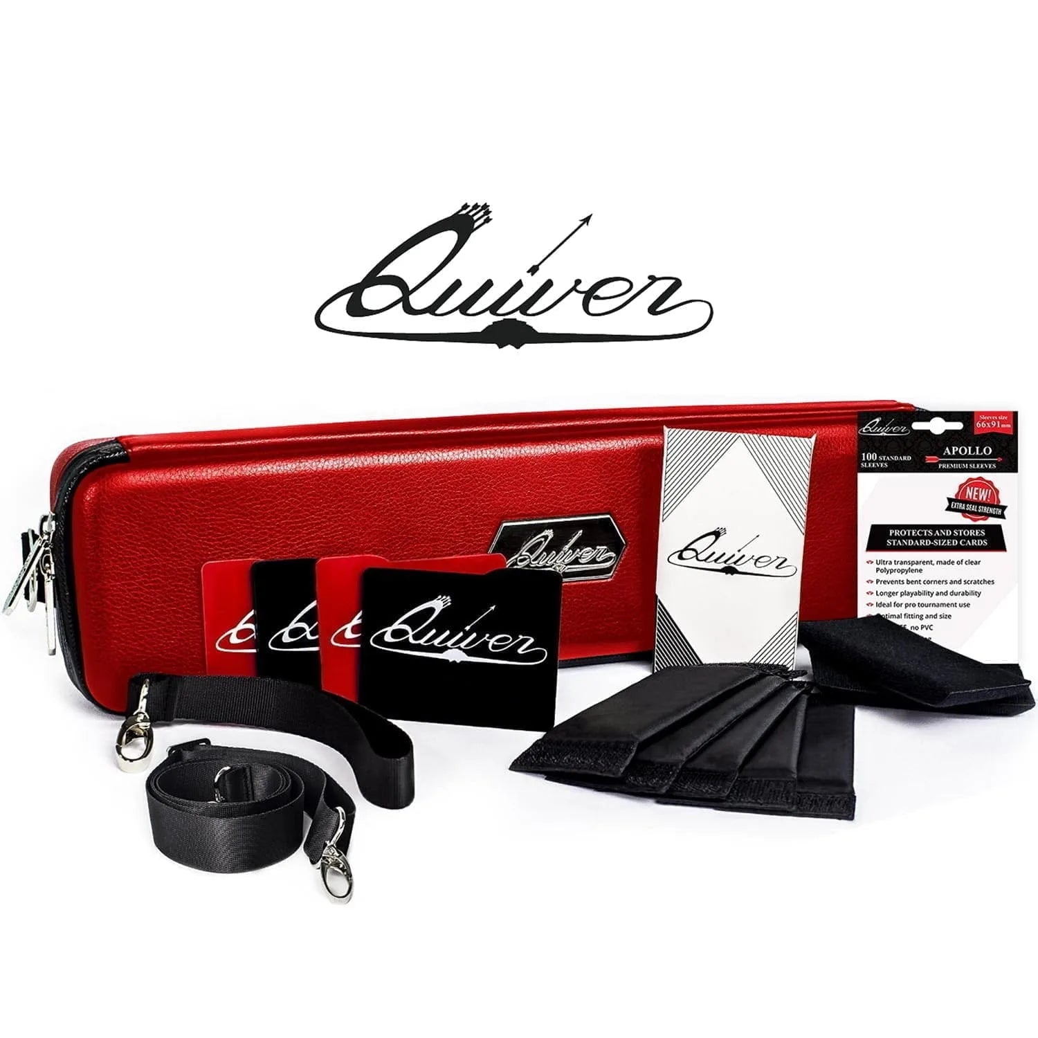 Red Quiver Card Case with straps, dividers, and branded cards shown as a board game accessory.