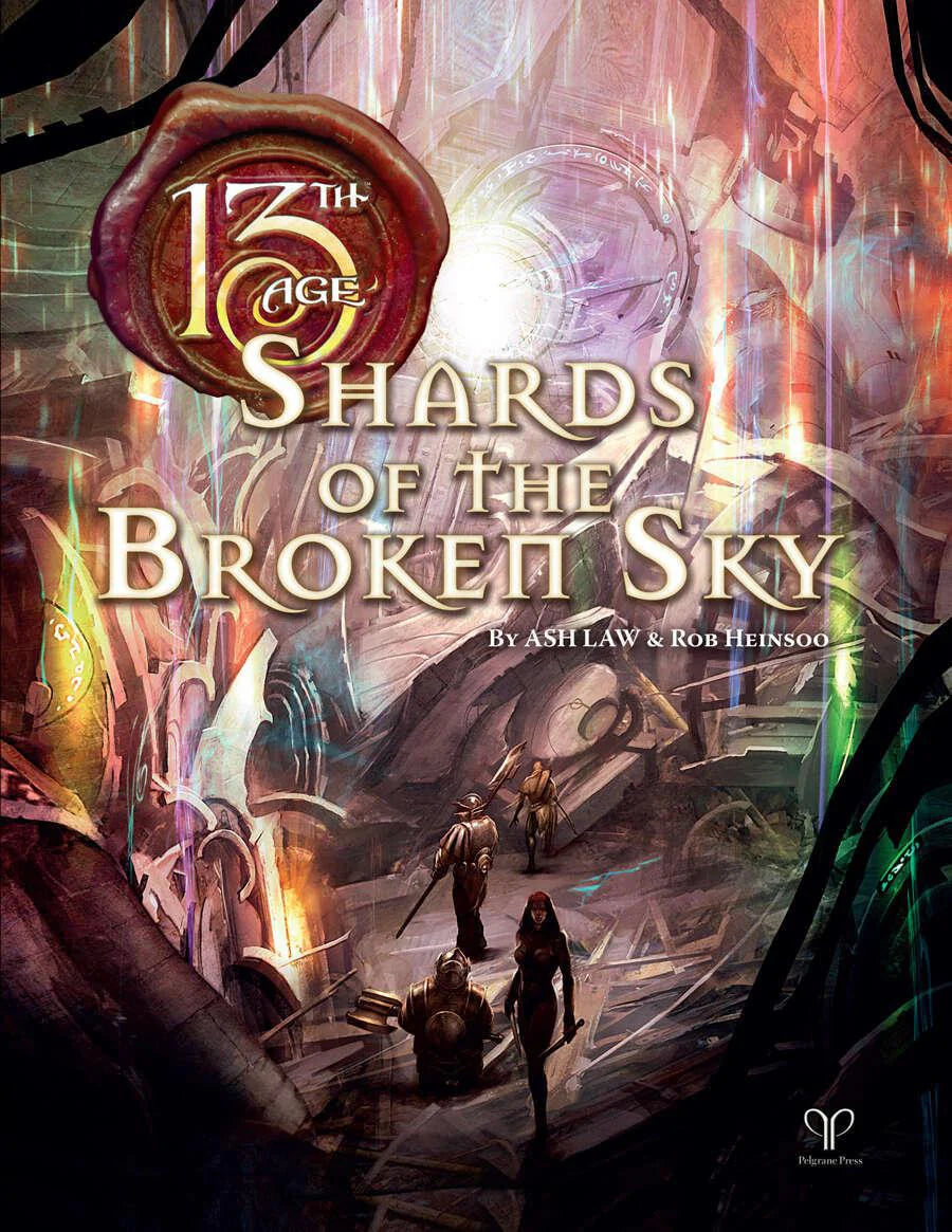 Cover of 13th Age: Shards of the Broken Sky with four adventurers in glowing Dragon Empire ruins.