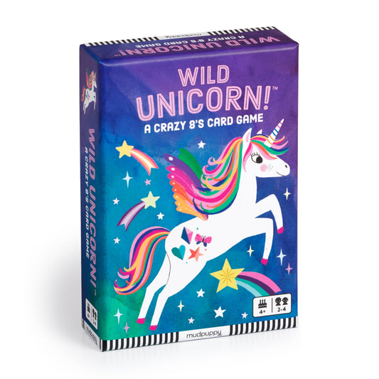 Wild Unicorn Card Game for kids with unicorn, stars, and rainbows on a purple background.