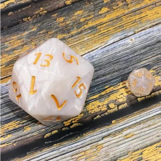 55mm Titan D20 White Pearl and a smaller 20-sided die shown together.