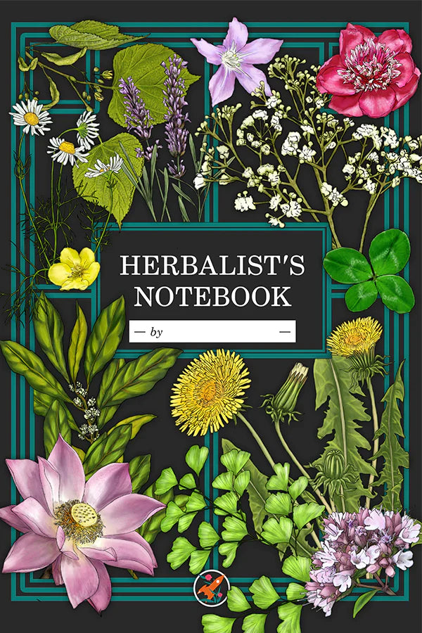 Herbalists Notebook with illustrated flowers and plants on a black cover.
