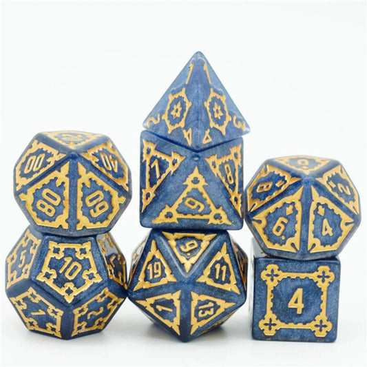 Huge Blue Castle Dice Set 25mm with blue and gold polyhedral dice featuring ornate patterns.