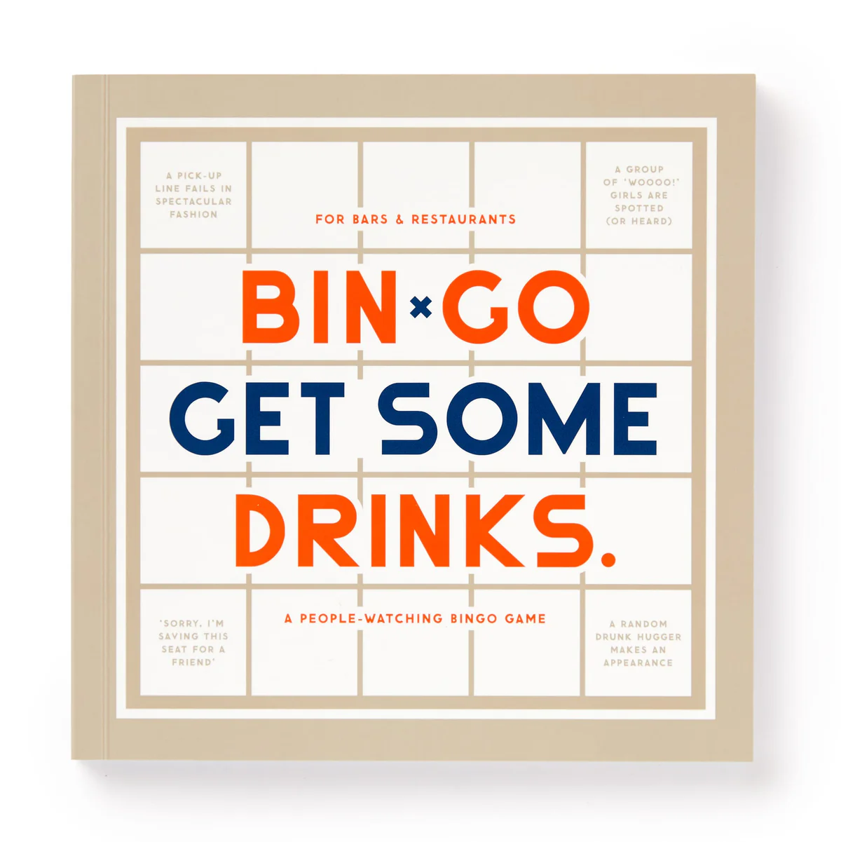 BinGo Get a Few Drinks bar bingo game board with drink-themed prompts in each grid square.