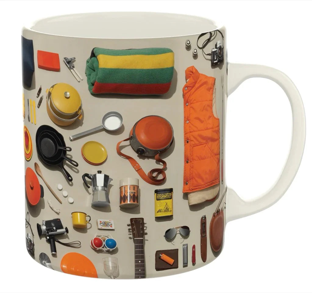 Camping Collection Mug featuring illustrations of cookware, vest, blanket, camera, and sunglasses.