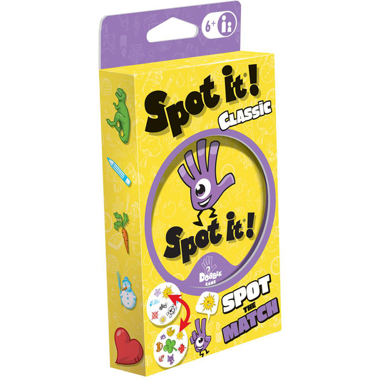 Spot It Classic (Eco) family game box with purple hand logo and sample cards, for ages 6 and up.